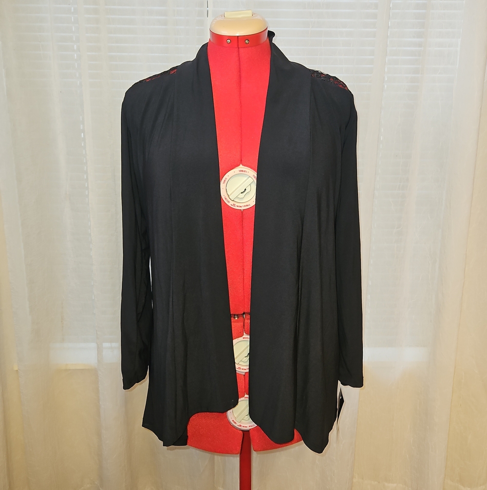 Ashley Blue Black Open-Front Draped Cardigan